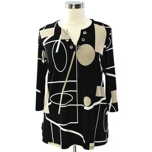 Joseph Ribkoff Riveted Abstract Geometric Top Womens 18 XL Black Mod Split Neck